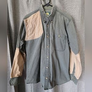 Cabelas Shooting Shirt Green Beige Mens L Long Sleeve Button Up Outdoor Hunting